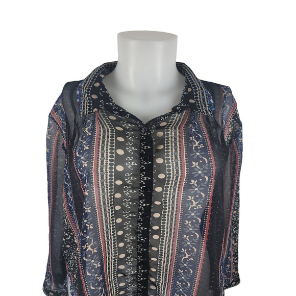 Free People Black Tan Floral Semi Sheer Long Sleeve Women's Blouse L - Picture 2 of 5